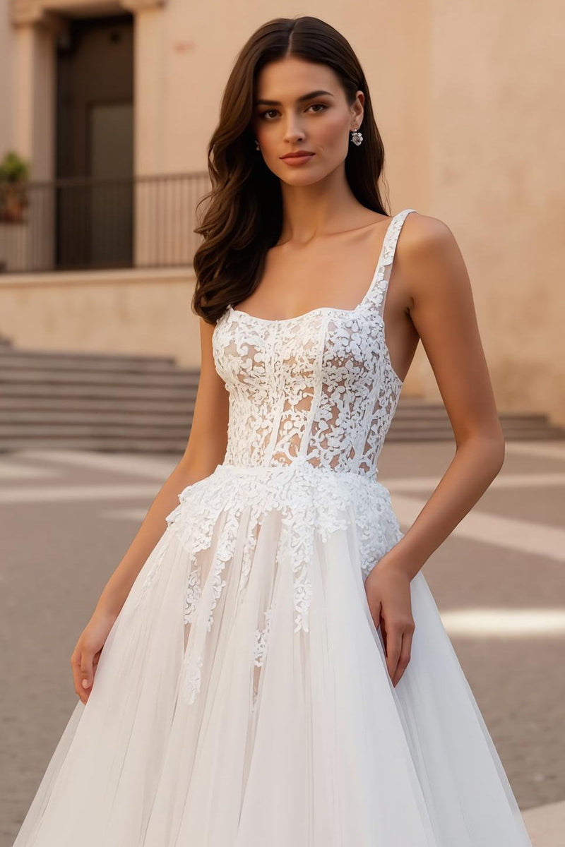 Load image into Gallery viewer, Ivory Square Neck Tulle Ball Gown Sweep Train Wedding Dress with Lace
