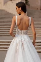 Load image into Gallery viewer, Ivory Square Neck Tulle Ball Gown Sweep Train Wedding Dress with Lace