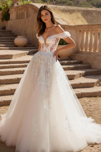 Ivory Ball Gown Off the Shoulder Sweep Train Tulle Wedding Dress with Lace