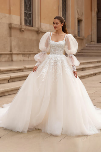 Ivory Sweep Train Ball Gown Tulle Wedding Dress with Sleeves