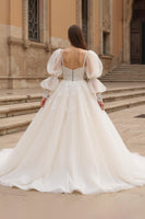 Load image into Gallery viewer, Ivory Sweep Train Ball Gown Tulle Wedding Dress with Sleeves