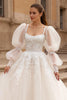 Load image into Gallery viewer, Ivory Sweep Train Ball Gown Tulle Wedding Dress with Sleeves
