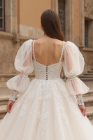 Load image into Gallery viewer, Ivory Sweep Train Ball Gown Tulle Wedding Dress with Sleeves