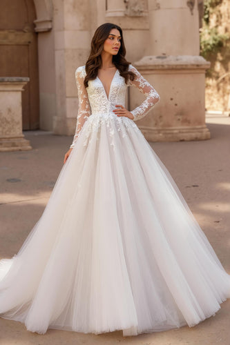 Ivory V-Neck Ball Gown Sweep Train Tulle Wedding Dress with Lace