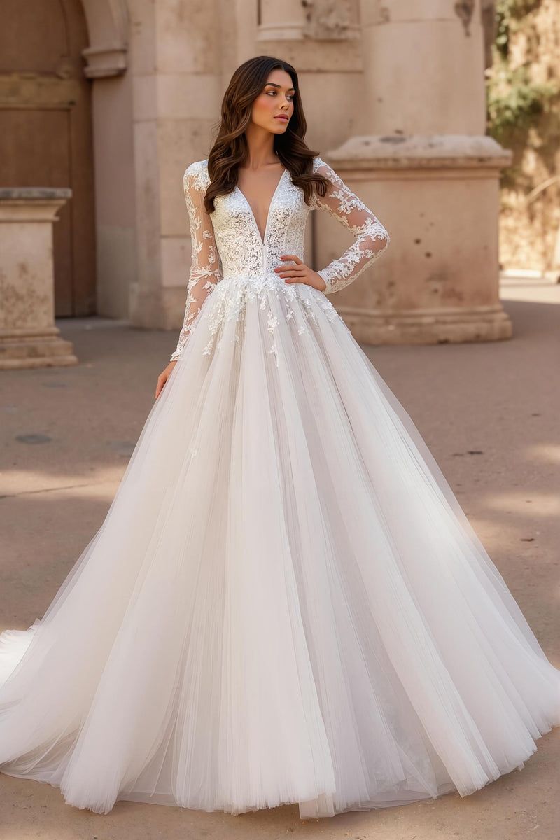 Load image into Gallery viewer, Ivory V-Neck Ball Gown Sweep Train Tulle Wedding Dress with Lace