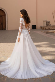 Ivory V-Neck Ball Gown Sweep Train Tulle Wedding Dress with Lace