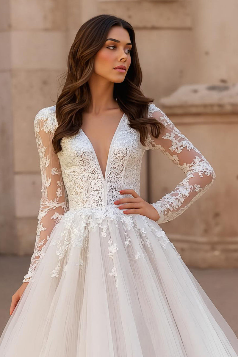 Load image into Gallery viewer, Ivory V-Neck Ball Gown Sweep Train Tulle Wedding Dress with Lace