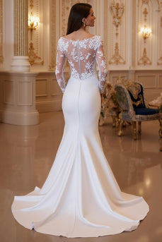 Ivory Satin Sweep Mermaid Train Wedding Dress with Sleeves