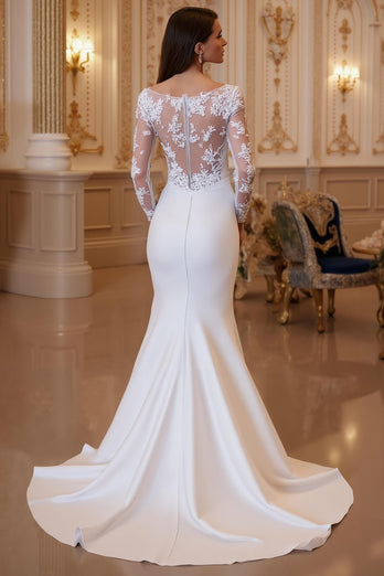 Ivory Satin Sweep Mermaid Train Wedding Dress with Sleeves