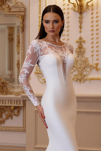 Ivory Satin Sweep Mermaid Train Wedding Dress with Sleeves