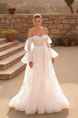 Ivory A Line Off the Shoulder Sweep Train Floral Wedding Dress with Lace