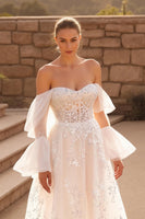 Load image into Gallery viewer, Ivory A Line Off the Shoulder Sweep Train Floral Wedding Dress with Lace