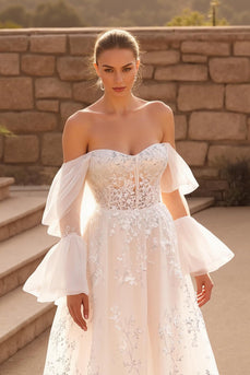 Ivory A Line Off the Shoulder Sweep Train Floral Wedding Dress with Lace