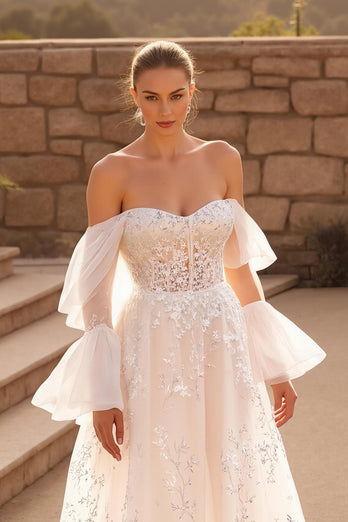 Ivory A Line Off the Shoulder Sweep Train Floral Wedding Dress with Lace