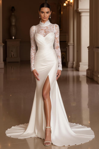 Ivory Mermaid High Neck Satin Sweep Train Vintage Wedding Dress with Slit