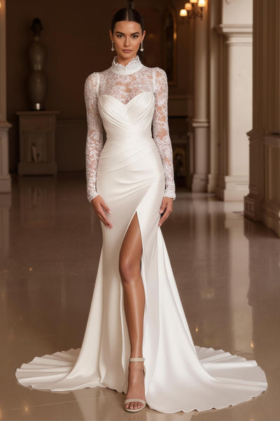 Ivory Mermaid High Neck Satin Sweep Train Vintage Wedding Dress with Slit