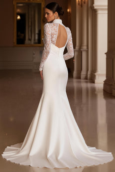 Ivory Mermaid High Neck Satin Sweep Train Vintage Wedding Dress with Slit