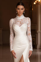 Load image into Gallery viewer, Ivory Mermaid High Neck Satin Sweep Train Vintage Wedding Dress with Slit