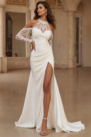 Load image into Gallery viewer, Ivory Round Neck Satin Sweep Train Wedding Dress with Slit