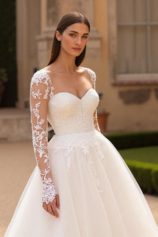 Ivory Tulle A Line Long Sleeves Sweep Train Wedding Dress with Lace