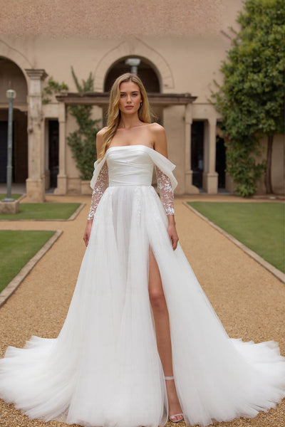 Ivory Off the Shoulder Tulle Long Sleeves Wedding Dress with Slit