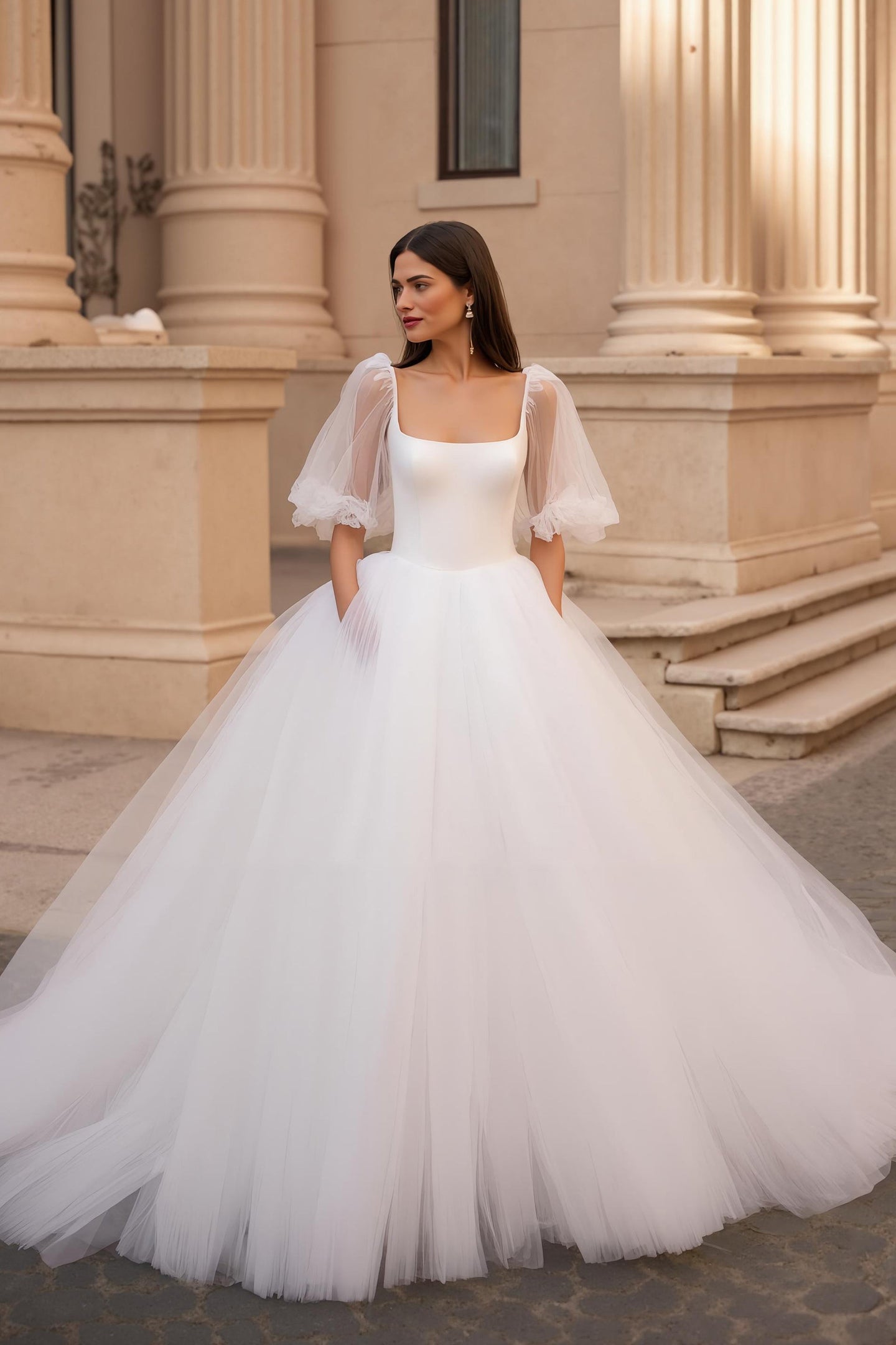 Ivory Half Sleeves Sweep Train Ball Gown Wedding Dress with Ruffles