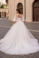 Load image into Gallery viewer, Ivory Half Sleeves Sweep Train Ball Gown Wedding Dress with Ruffles