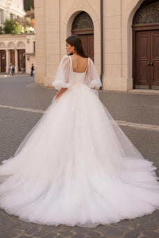 Ivory Half Sleeves Sweep Train Ball Gown Wedding Dress with Ruffles