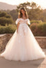 Load image into Gallery viewer, Ivory Ruffled Off the Shoulder Sweep Train Wedding Dress with Appliques