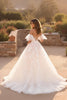 Load image into Gallery viewer, Ivory Ruffled Off the Shoulder Sweep Train Wedding Dress with Appliques