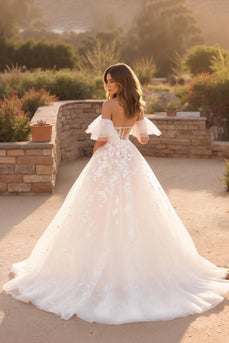 Ivory Ruffled Off the Shoulder Sweep Train Wedding Dress with Appliques