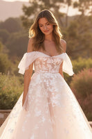 Load image into Gallery viewer, Ivory Ruffled Off the Shoulder Sweep Train Wedding Dress with Appliques