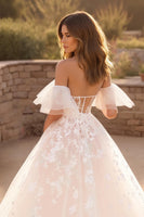 Load image into Gallery viewer, Ivory Ruffled Off the Shoulder Sweep Train Wedding Dress with Appliques
