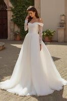 Load image into Gallery viewer, Ivory Ruched Long Sleeves Sweep Train Wedding Dress with Lace