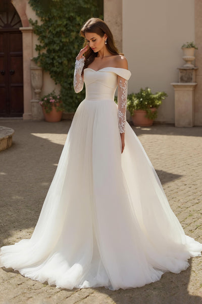 Ivory Ruched Long Sleeves Sweep Train Wedding Dress with Lace