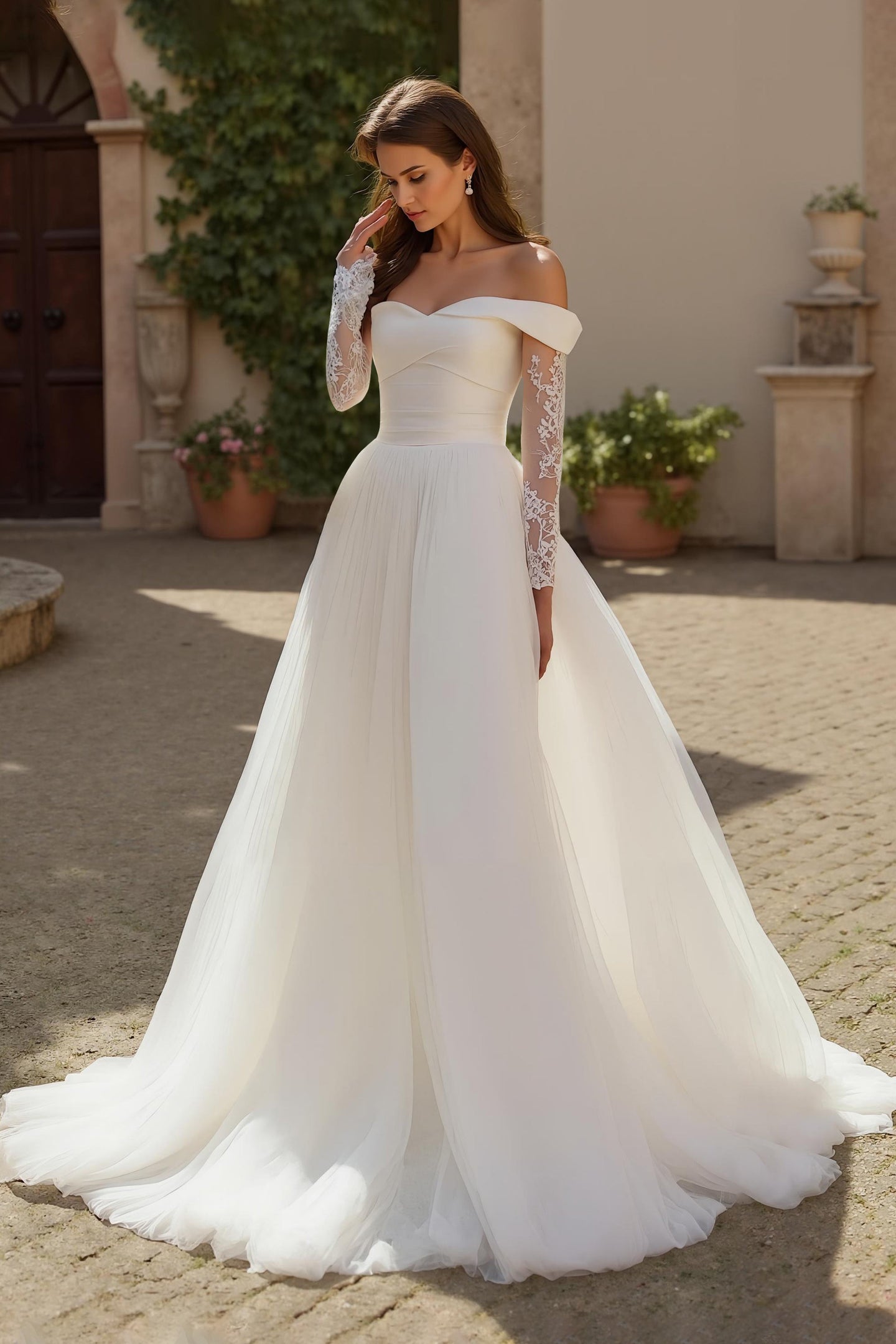 Ivory Ruched Long Sleeves Sweep Train Wedding Dress with Lace