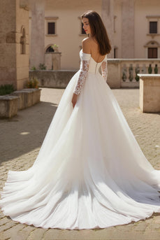 Ivory Ruched Long Sleeves Sweep Train Wedding Dress with Lace