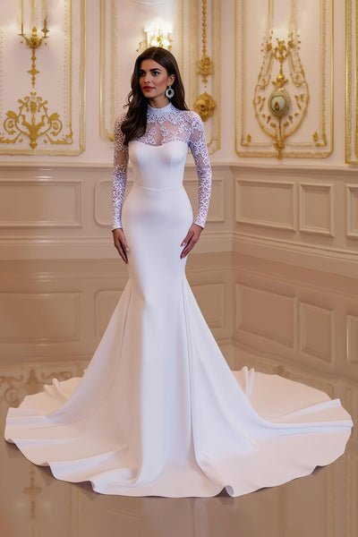 Women Ivory Long Sleeves Sweep Train Wedding Dress with Lace Satin High Neck Mermaid Bridal Dress