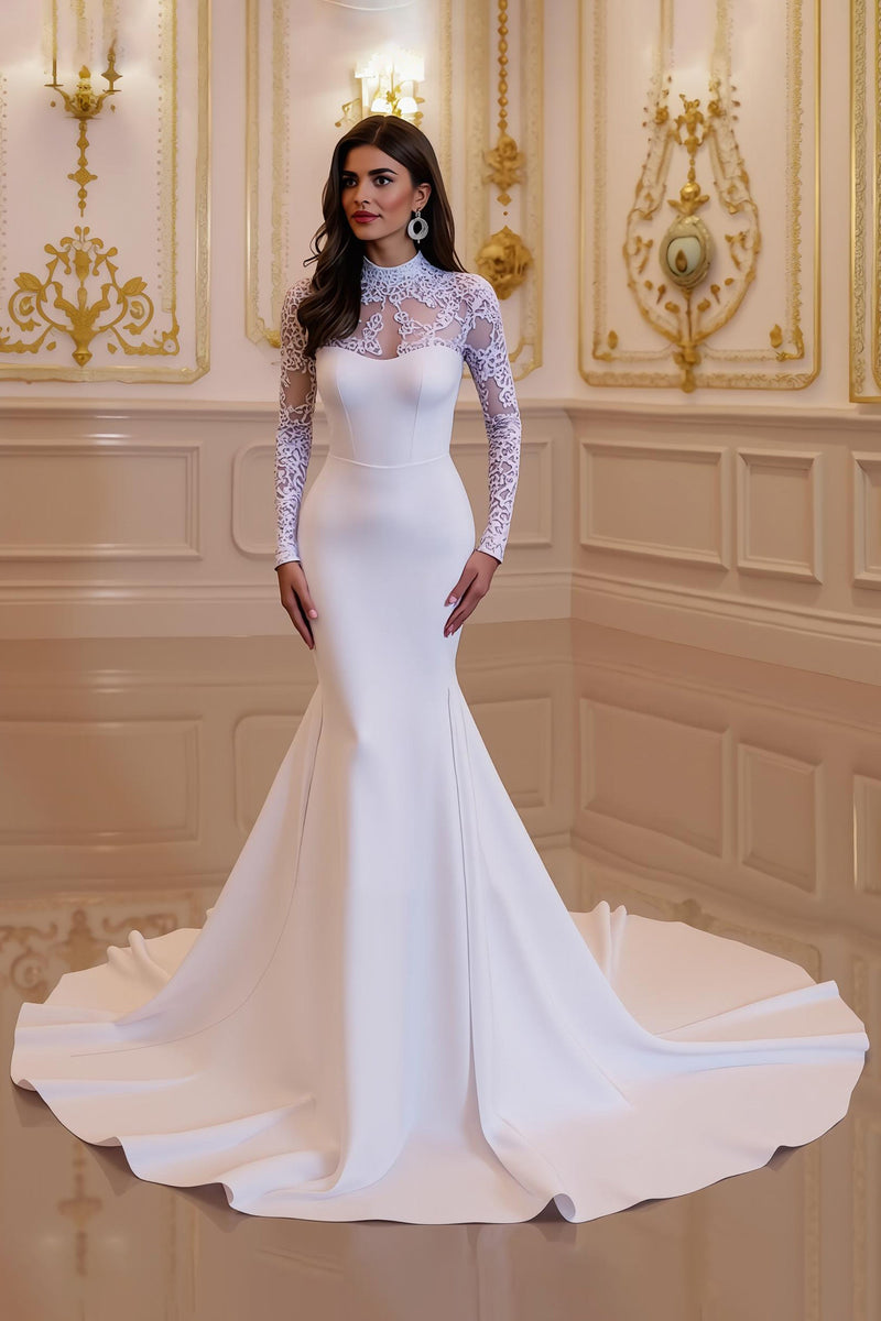 Load image into Gallery viewer, Women Ivory Long Sleeves Sweep Train Wedding Dress with Lace Satin High Neck Mermaid Bridal Dress