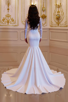 Ivory Mermaid Long Sleeves Sweep Train Vintage Wedding Dress with Lace