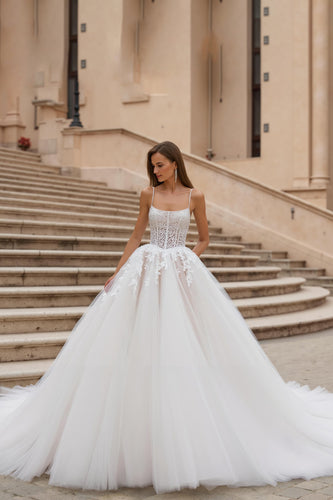 Ivory Ball Gown Corset Sweep Train Wedding Dress with Lace