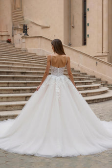 Ivory Ball Gown Corset Sweep Train Wedding Dress with Lace
