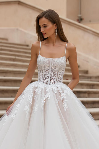 Ivory Ball Gown Corset Sweep Train Wedding Dress with Lace