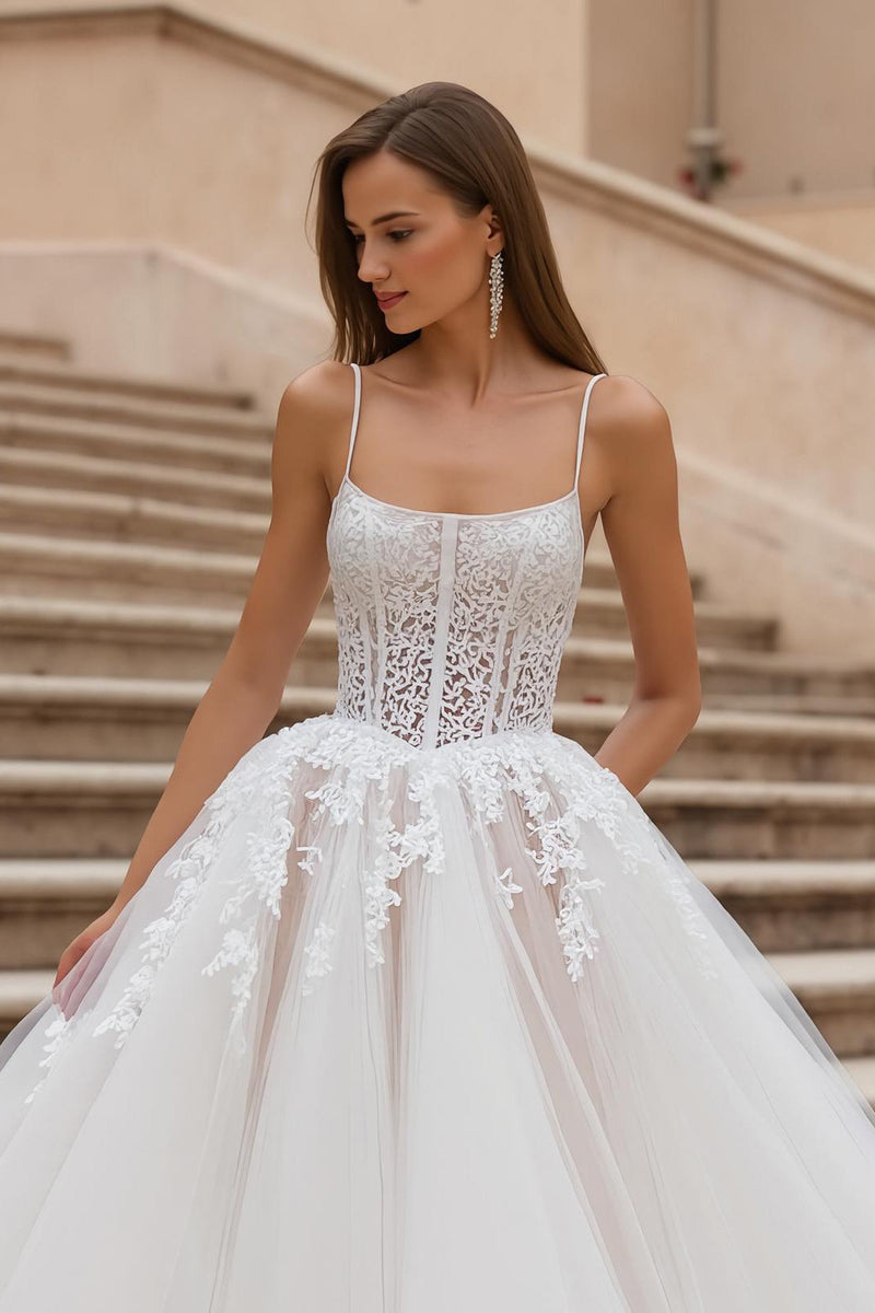 Load image into Gallery viewer, Ivory Ball Gown Corset Sweep Train Wedding Dress with Lace