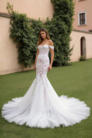 Load image into Gallery viewer, Lace Ivory Off the Shoulder Mermaid Sweep Train Wedding Dress