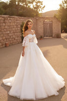 Load image into Gallery viewer, Ivory Off the Shoulder Backless Sweep Train Wedding Dress with Lace