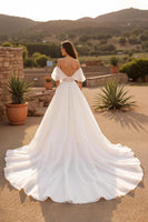 Load image into Gallery viewer, Ivory Off the Shoulder Backless Sweep Train Wedding Dress with Lace