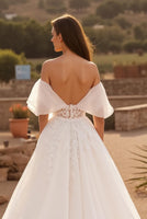 Load image into Gallery viewer, Ivory Off the Shoulder Backless Sweep Train Wedding Dress with Lace