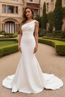 Load image into Gallery viewer, Satin Ivory Mermaid One Shoulder Sweep Train Wedding Dress
