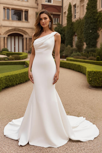 Satin Ivory Mermaid One Shoulder Sweep Train Wedding Dress
